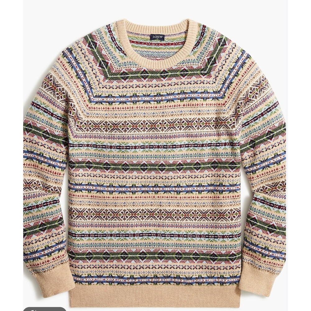 J.Crew Fair Isle Lambswool Blend Sweater Oatmeal Multicolor Mens L Nordic Scandi